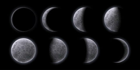 Crescent moon phases at night sky. Realistic 3d vector sequence frame shows the moon satellite varying shapes from eclipse, waning and waxing, to full moon. Natural lunar celestial astronomical cycle
