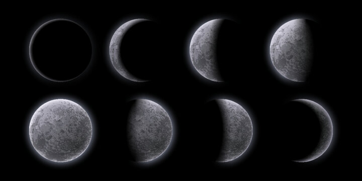 Crescent moon phases at night sky. Realistic 3d vector sequence frame shows the moon satellite varying shapes from eclipse, waning and waxing, to full moon. Natural lunar celestial astronomical cycle