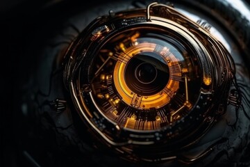 Close-up of futuristic cyborg eye, digital iris, vibrant and dynamic, advanced human eye technology, intricate and powerful, AI Generative