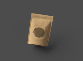 Render of a paper stand-up pouch with a transparent window on dark background