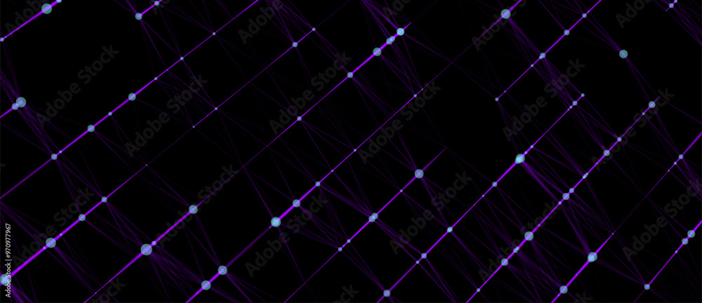 Poster Abstract grid with blue light on black background. Science background with moving dots and lines. Network connection technology. Digital structure with particles. Vector illustration.