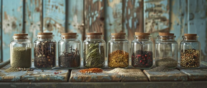 Jars of assorted spices lined up against a rustic wooden background showcase a vibrant and flavorful array, perfect for culinary enthusiasts.