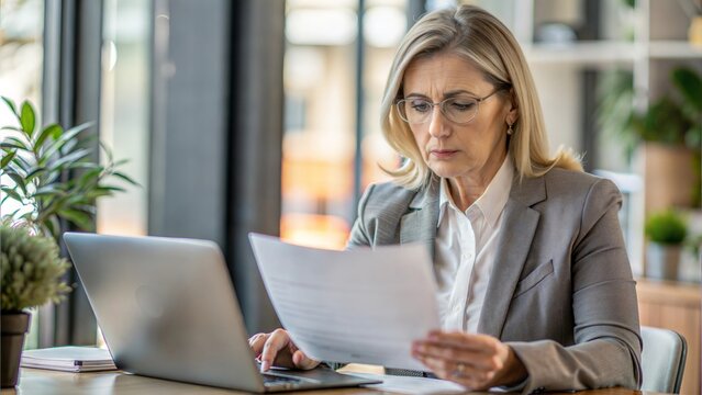 Busy professional mature business woman reading bad news in document at work. Worried serious middle aged businesswoman entrepreneur looking at paper bill sitting at desk in office - Powered by Adobe