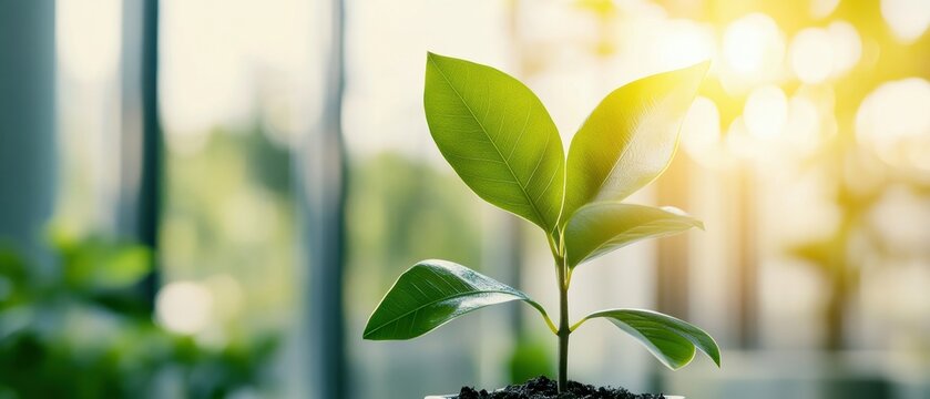 Green finance Money tree growing in a sunlit, eco-friendly office