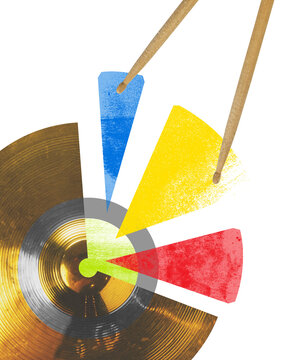 Cymbal with colorful sections, resembling pie, struck by drumsticks against transparent background. Rhythmic and dynamic musical composition. Textured effect. Concept of music festivals, party.