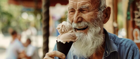 Obraz premium A joyful elderly man grinning widely while enjoying a chocolate ice cream cone, basking in the simplicity of a summer day.