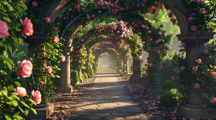 Fototapeta premium The trellis is covered with pink roses, surrounded by white columns and green plants. The long stone path leads to the distance through an archway of flowers, creating a romantic atmosphere
