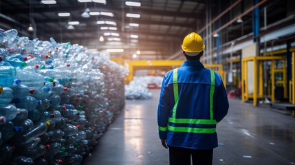 Obraz premium Engineer Standing and looking back The plastic bottle in the recycling industry. Neural network ai generated art