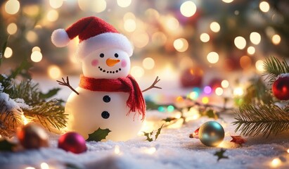 Christmas decoration banner with snowman colorful lights in the background, Christmas tree decoration on a blurred light background- New Year concept, xmas greeting card with snowman- background