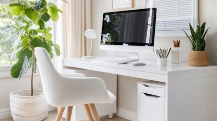 Fototapeta premium minimalist home office with a white desk, a single monitor, and a small plant