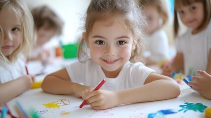 group of kids designing and decorating their own T-shirts with fabric markers and stencils, each shirt showcasing their creativity