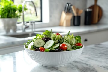 A fresh salad in a white bowl on a marble countertop, showcasing healthy ingredients.