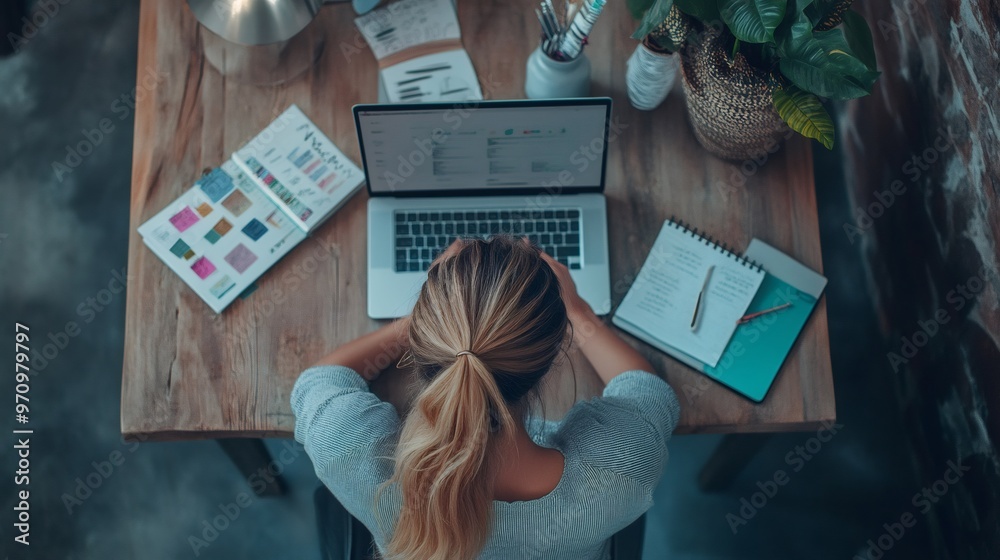 Wall mural woman working from home, leaning on her desk, feeling exhausted.