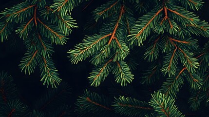 A dense cluster of green pine branches forms an intricate pattern that adds depth and texture to the background