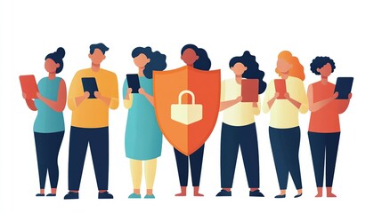 Fototapeta premium diverse group of people on smartphones with a shield icon protecting