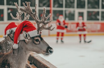 A reindeer wearing a Santa hat watching an ice hockey game from the stands, with two Santa Claus players in red and white uniforms on an outdoor rink in the background