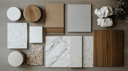 Flat Lay of Interior Design Samples: Marble, Wood, and Stone in Earthy Tones