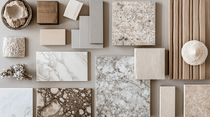 Flat Lay of Interior Design Samples: Marble, Wood, and Stone in Earthy Tones