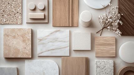 Flat Lay of Interior Design Samples: Marble, Wood, and Stone in Earthy Tones