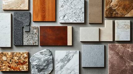 Flat Lay of Interior Design Samples: Marble, Wood, and Stone in Earthy Tones