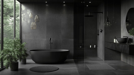 Bathroom Interior Design with Matte Black Bathtub and Modern Shower