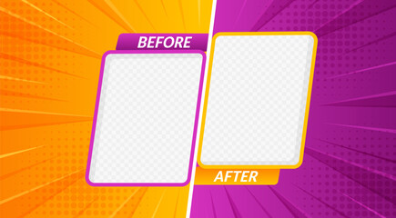 Before after template. Vibrant borders or photo frames for comparison in cartoon retro comic style with dynamic orange and purple halftone backgrounds, showcasing transformations or progress changes