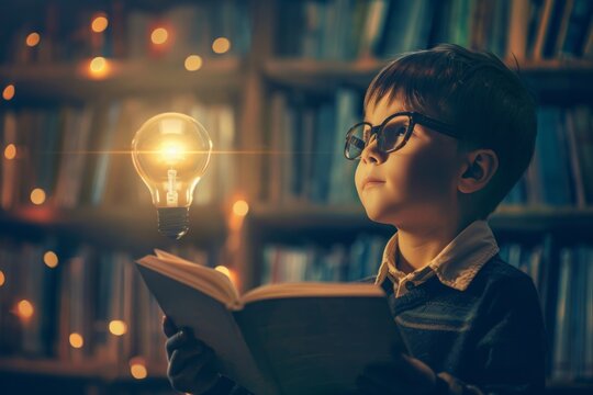 A young boyl is holding a light bulb in her hand, looking at it with curiosity