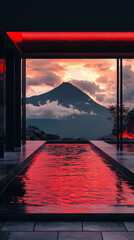modern black and red swimming with volcano view