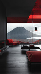 modern black and red living room with volcano view