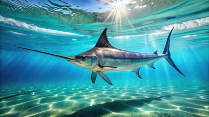 A majestic swordfish glides effortlessly through crystal-clear turquoise waters, its sleek silver body and sharp bill glistening in the sunlight, ocean surface rippling behind.