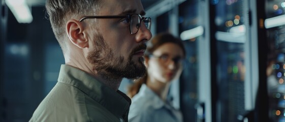 Two focused individuals in a high-tech server room, surrounded by glowing equipment and wires, illustrating the intensity and precision required in modern IT environments.