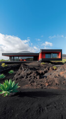 Panoramic view of a moderne villa black and red encrusted on a volcano