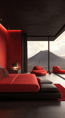 modern black and red bedroom with volcano view