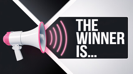 Modern white megaphone with pink accents projecting "The Winner Is..." in bold text against a sleek black and white geometric background, emphasizing clarity, celebration, and competition in a contemp