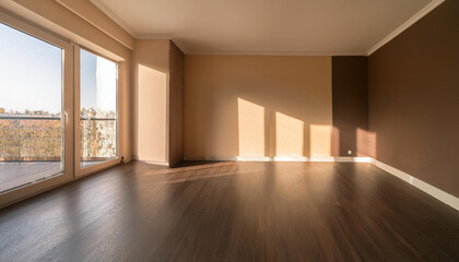 Obraz premium brown warm empty room interior cast by sunlight from open windows