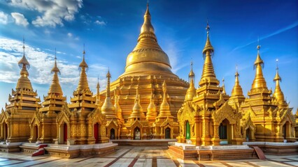 Fototapeta premium Golden Pagoda in Myanmar with intricate designs and surrounded by Buddha statues, Shwedagon, pagoda