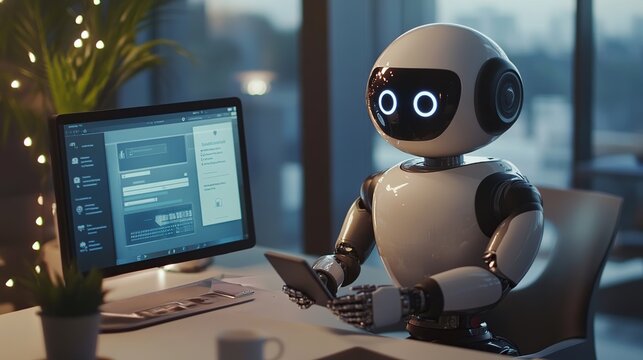 robot assistant managing social media tasks, sending messages, and scheduling posts for a business