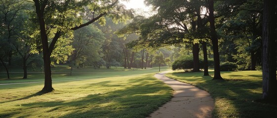 A sun-dappled pathway winds through a lush, green park, inviting a peaceful morning stroll amidst the serene beauty of nature.