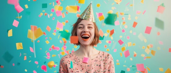 Joyful woman wearing a party hat, surrounded by a cascade of colorful confetti, laughing in sheer delight against a pastel background, capturing a celebratory moment.