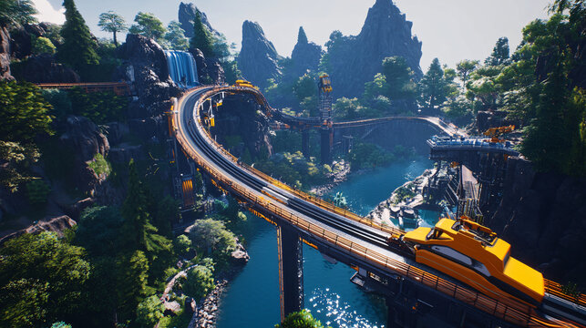 Massive futuristic industrial complex with advanced automation systems in a snow-covered mountainous landscape, featuring intricate machinery and towering structures, ideal for technology and industry