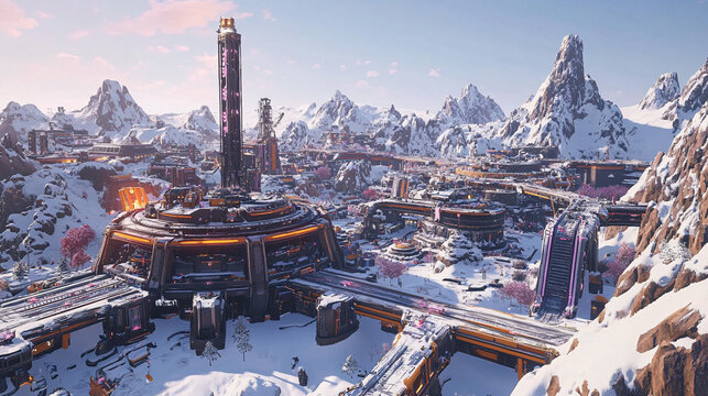 Massive futuristic industrial complex with advanced automation systems in a snow-covered mountainous landscape, featuring intricate machinery and towering structures, ideal for technology and industry