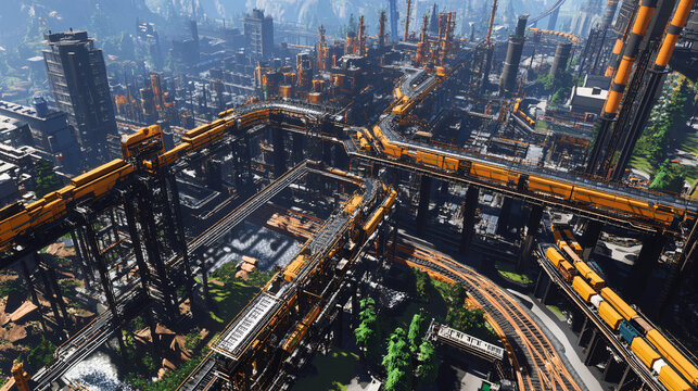 Massive futuristic industrial complex with advanced automation systems in a snow-covered mountainous landscape, featuring intricate machinery and towering structures, ideal for technology and industry