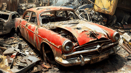 scrapped car with its paint peeling and metal rusting in a junkyard, surrounded by piles of old, dismantled vehicles, evoking a sense of decay and abandonment