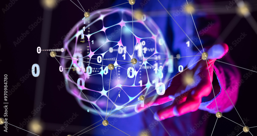 Aufkleber Businessman holding global network of binary code data