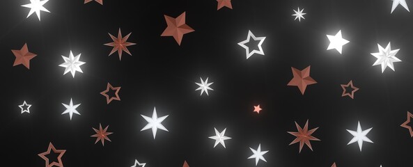 White and copper stars floating on black background