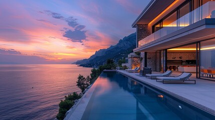 Fototapeta premium A stunning image of a modern villa with an infinity pool overlooking the ocean at sunset, with vibrant colors and a serene environment.
