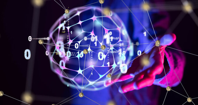 Businessman holding global network of binary code data