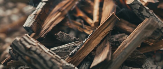 A close-up of firewood neatly stacked, showcasing the intricate textures and patterns of wood grains and bark.