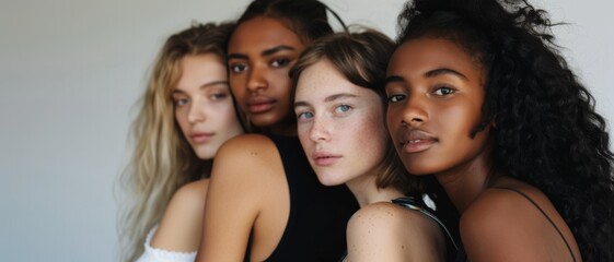 Obraz premium Four women closely posed together, exuding confidence and unity, each representing diverse beauty and strength in a candid, intimate portrait.