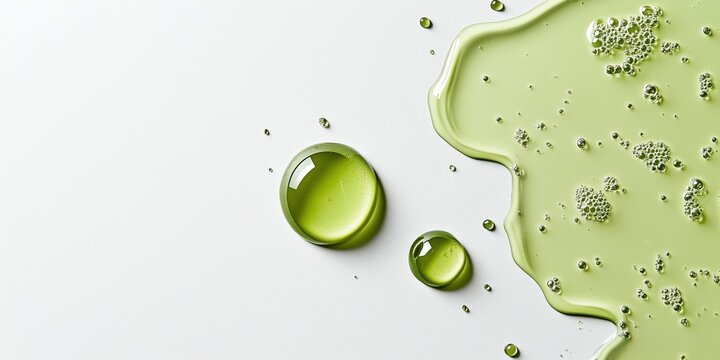 Minimalist flat lay of light green oil or gel texture with bubbles, set on a white background